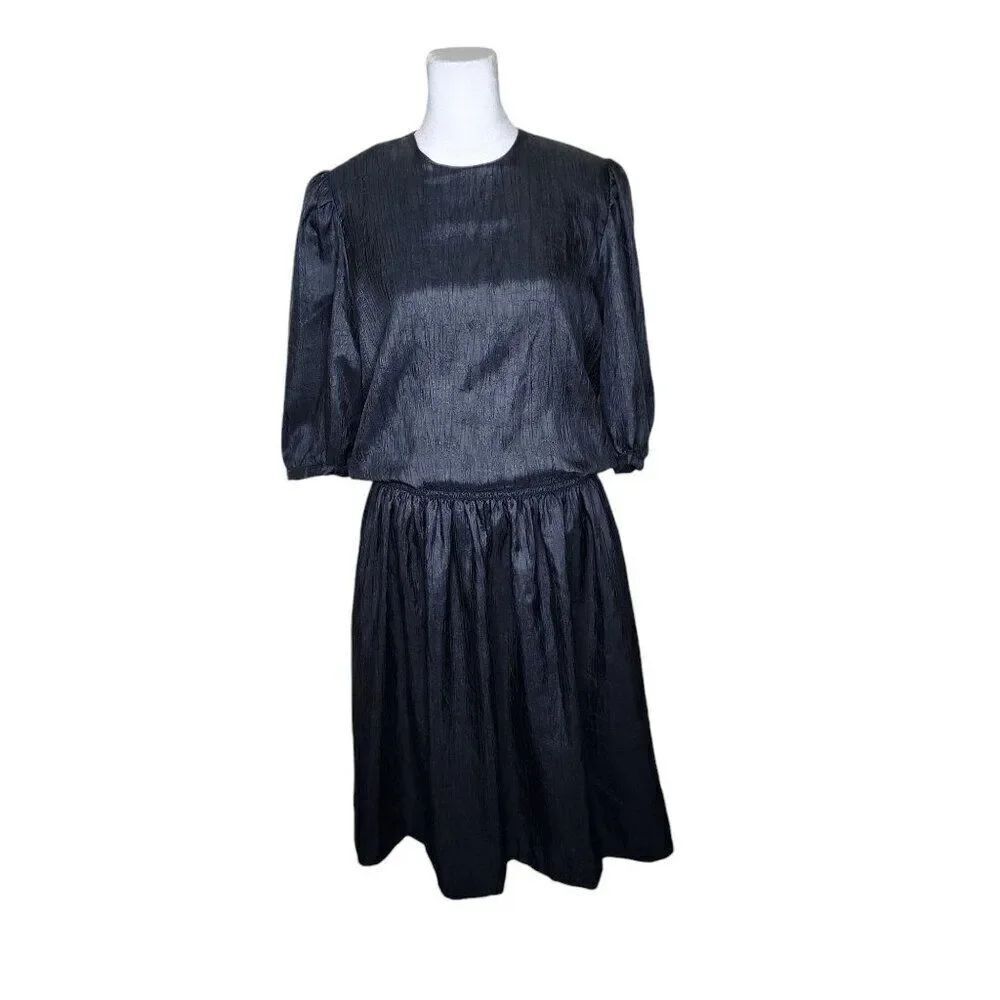 Karin Stevens Vintage 80s Pleated Blouson Dress Womens Size 8 Black